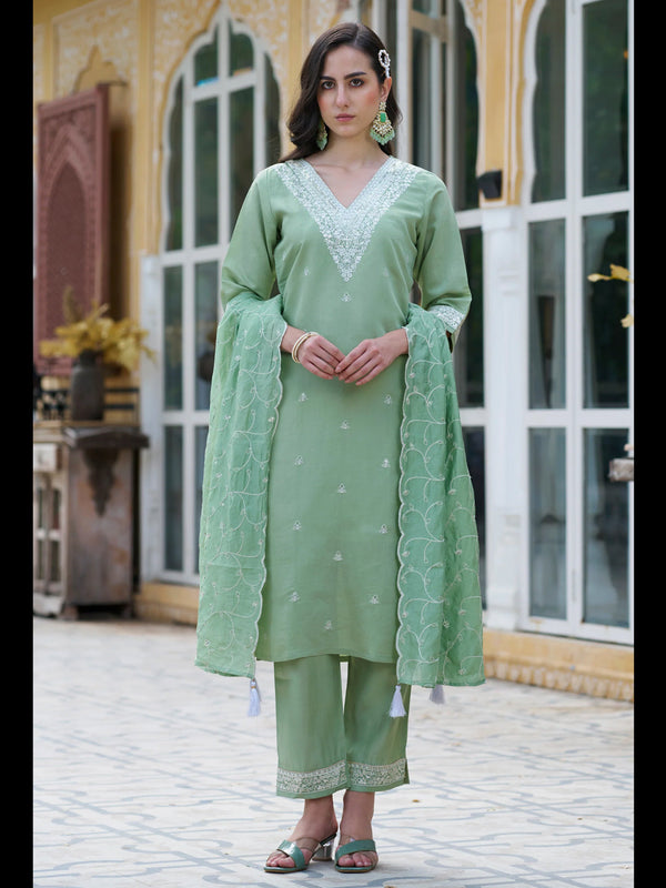Olive Green Silk Blend Pant Suit 189461