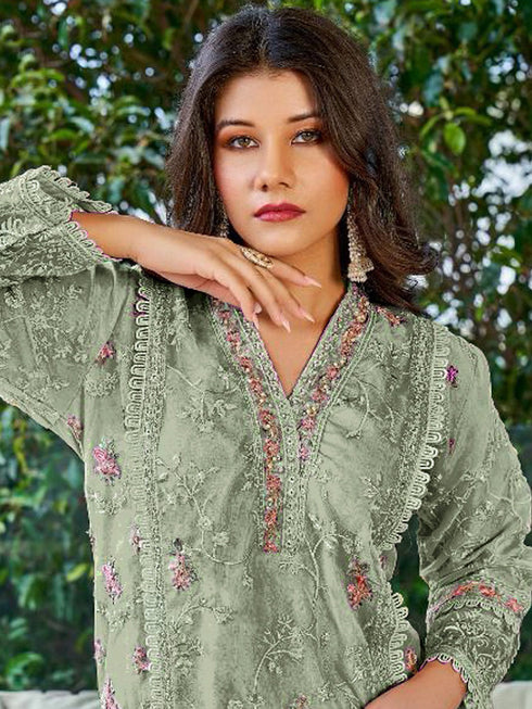 Green Georgette Pant Suit 189498 Closure View
