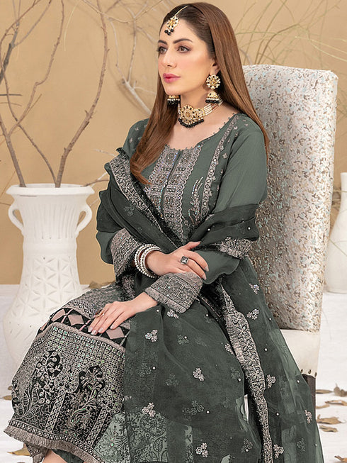 Green Georgette Pant Suit 189524 Closure View
