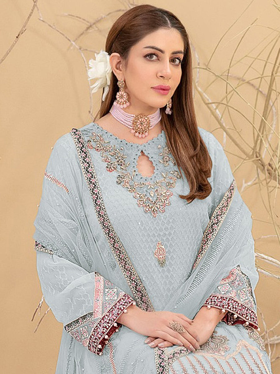 Blue Georgette Pant Suit With Prettified Embroidery Work main image 1