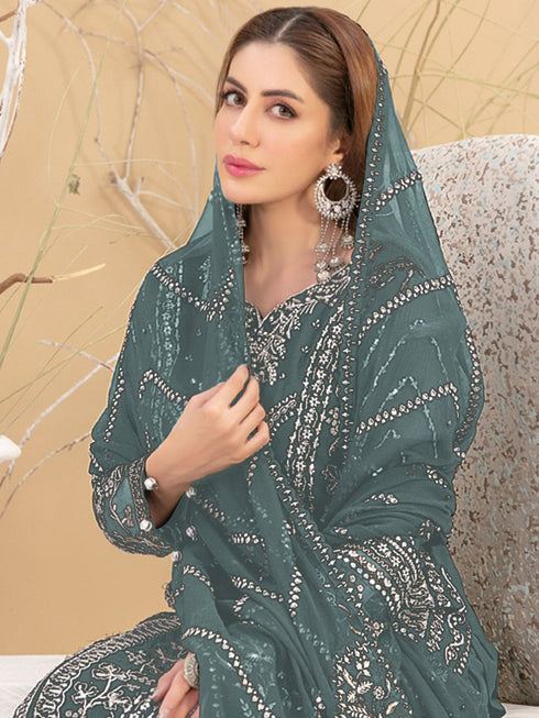 Green Georgette Pant Suit 189585 Closure View