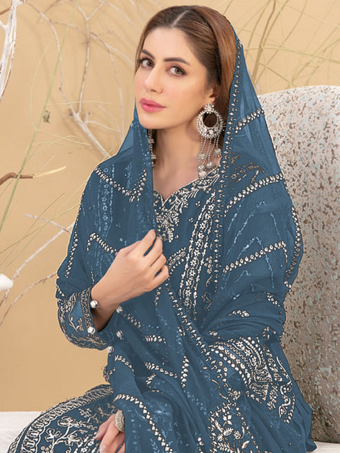 Blue Georgette Pant Suit 189589 Closure View