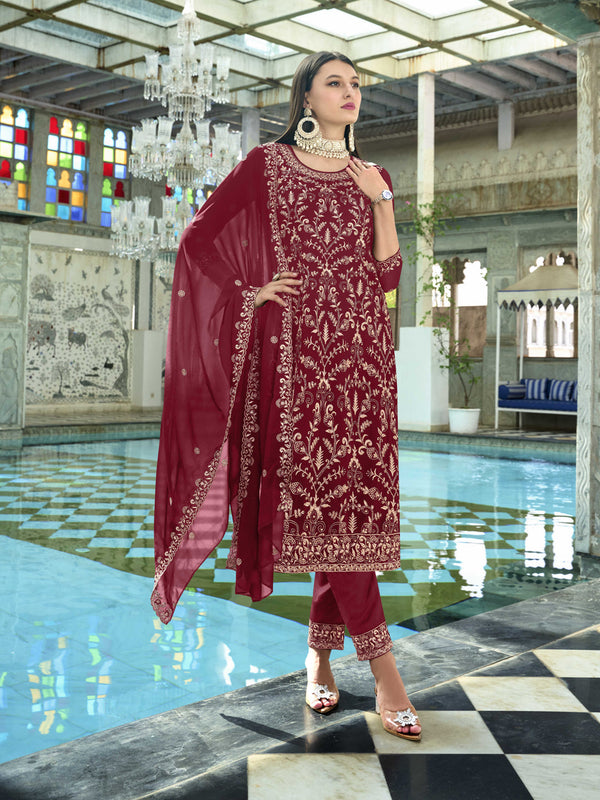 Red Faux Georgette Pant Suit 189673