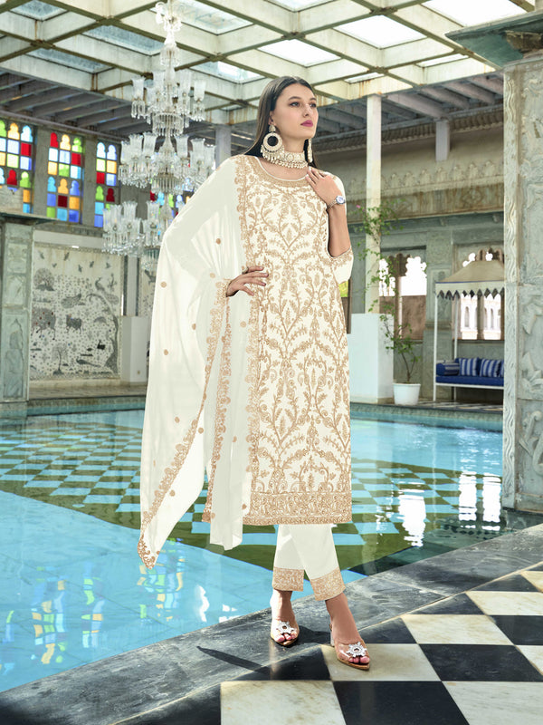 White Faux Georgette Pant Suit 189674