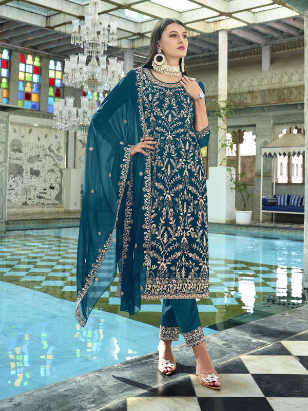 Teal Faux Georgette Pant Suit 189675