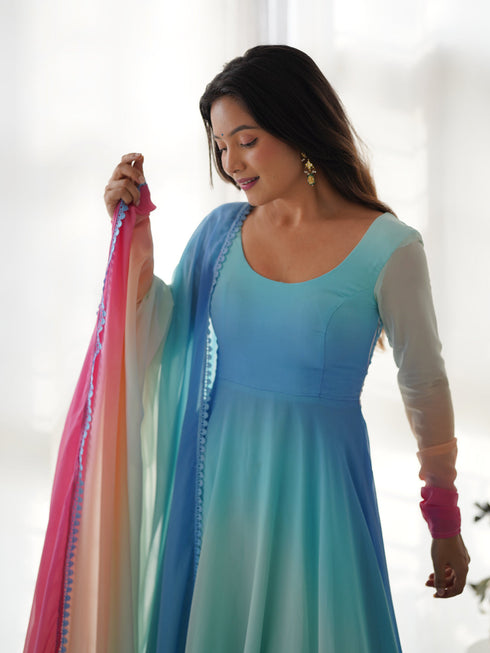 Multi Color Pure Soft Georgette Anarkali Dress 189679 Closure View