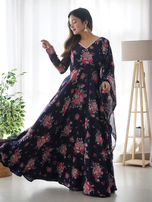 Navy Blue Pure Soft Georgette Anarkali Dress 189683 Closure View