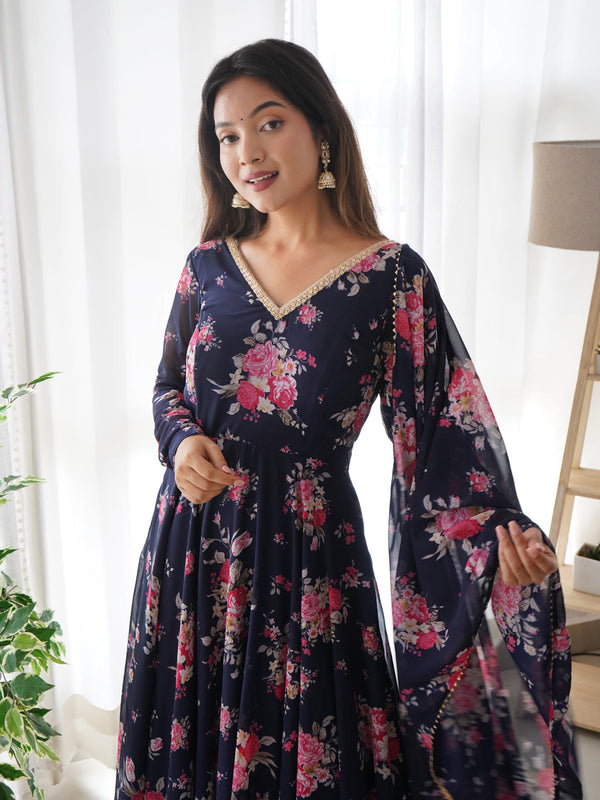 Navy Blue Pure Soft Georgette Anarkali Dress 189683