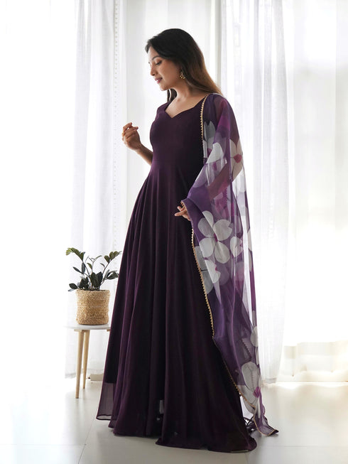 Wine Pure Soft Georgette Anarkali Dress 189684 Back View