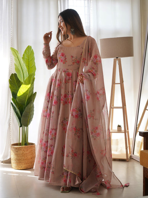 Peach Pure Organza Silk Anarkali Dress 189686