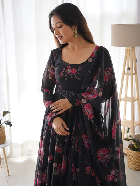 Black Pure Organza Silk Anarkali Dress 189687 Closure View