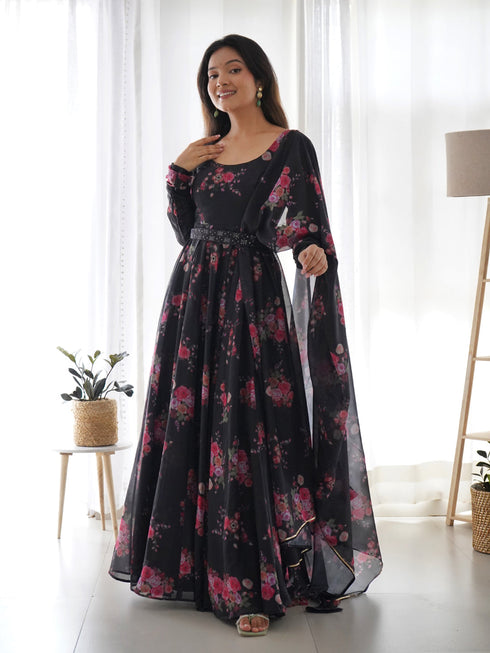 Black Pure Organza Silk Anarkali Dress 189687 Back View