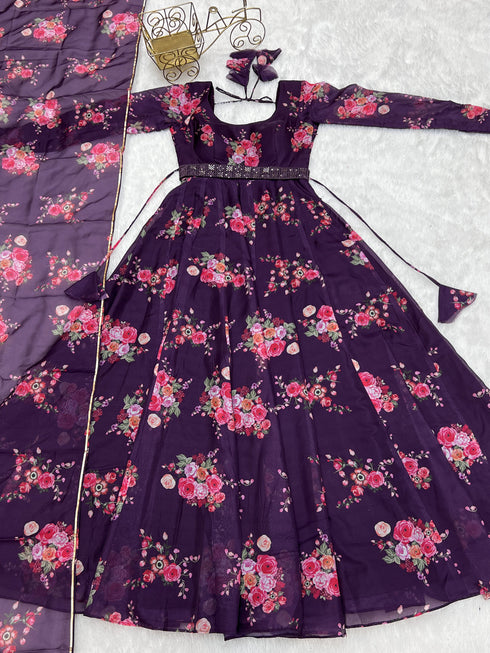 Wine Pure Organza Silk Anarkali Dress 189688 Salwar Kameez