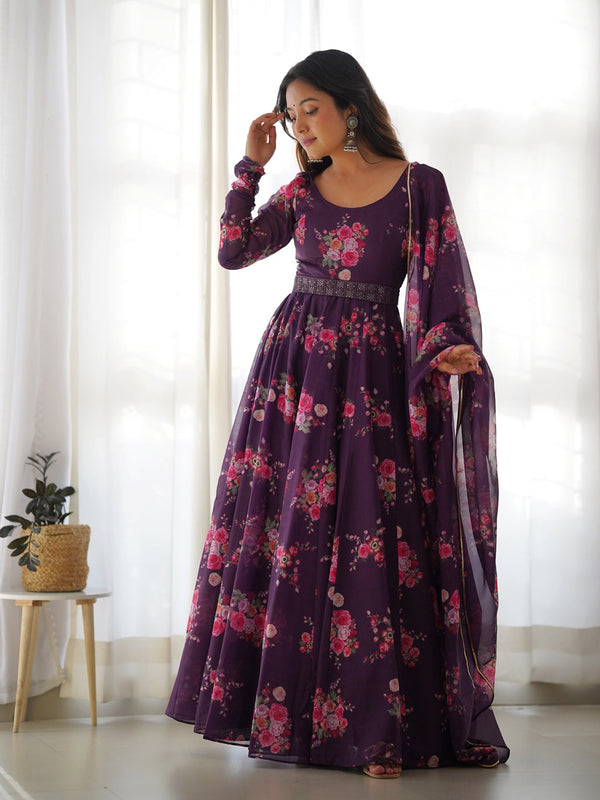 Wine Pure Organza Silk Anarkali Dress 189688