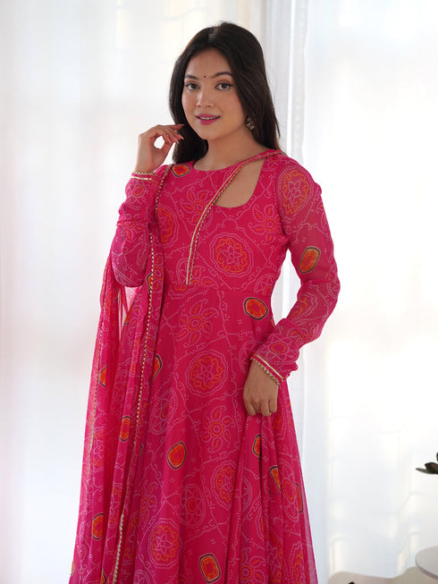 Pink Pure Soft Chiffon Bandhej Anarkali Dress 189689 Closure View