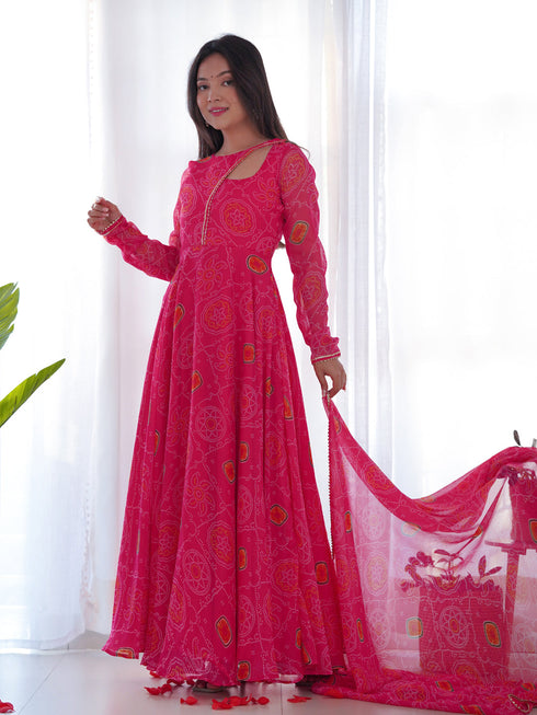 Pink Pure Soft Chiffon Bandhej Anarkali Dress 189689 Back View