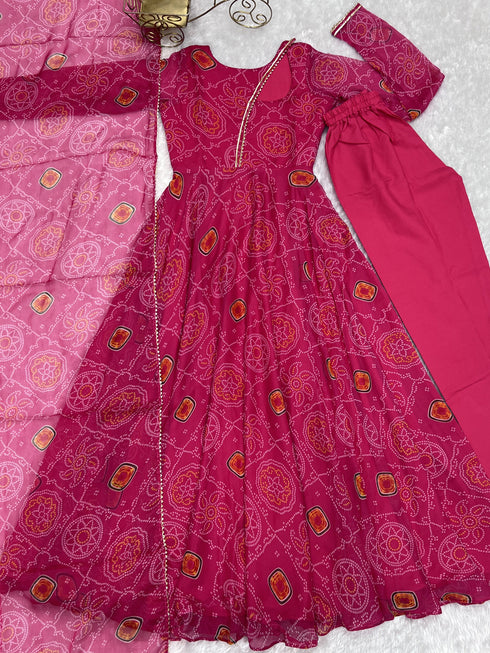 Pink Pure Soft Chiffon Bandhej Anarkali Dress 189689 Salwar Kameez