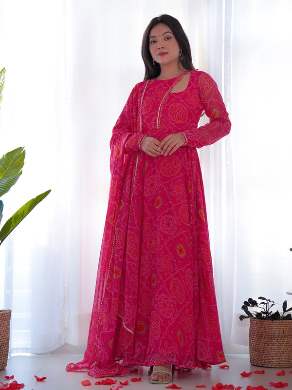Pink Pure Soft Chiffon Bandhej Anarkali Dress 189689