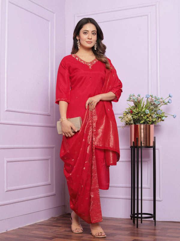 Red Pure Viscose Muslin Pant Suit 189870