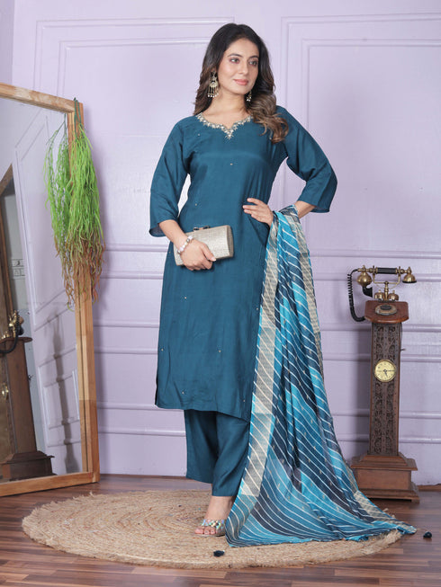 Blue Pure Viscose Muslin Pant Suit 189871 Closure View