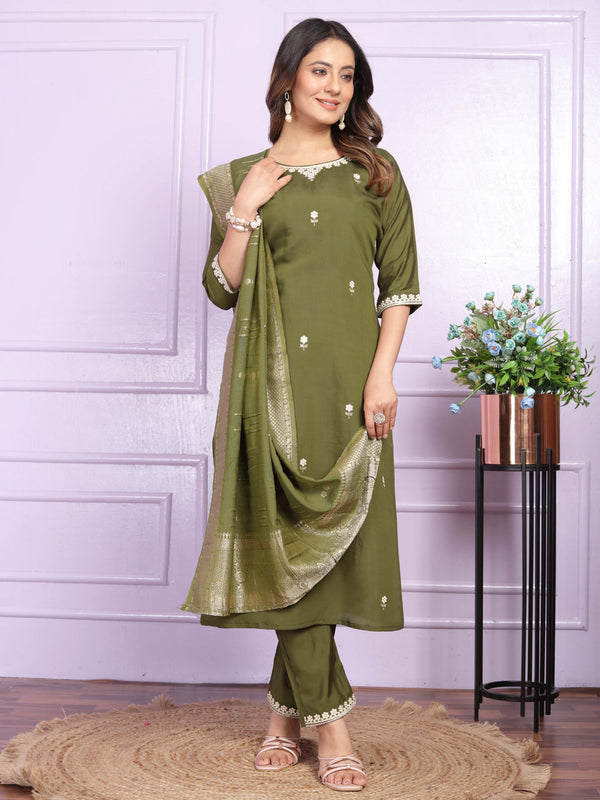 Mehndi Green Viscose Silk Pant Suit 189876