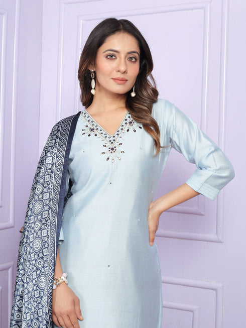 Sky Blue Soft Morni Silk Pant Suit 189879 Back View