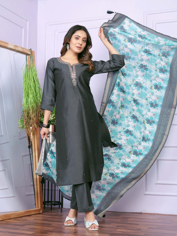 Solid Grey Modal Silk Denting Pant Suit 189882