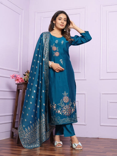 Blue Russian Silk Pant Suit 189886 Closure View