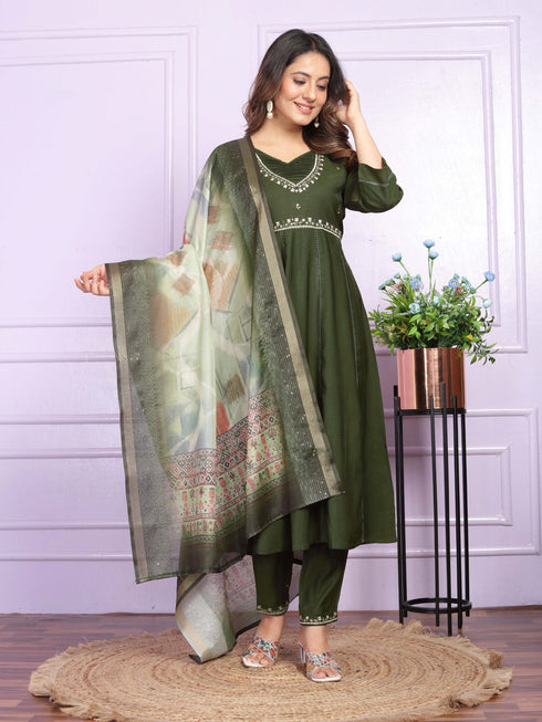 Mehendi Green Viscose Slub Pant Suit 189952 Back View