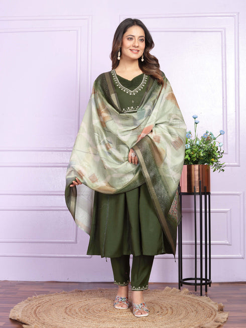 Mehendi Green Viscose Slub Pant Suit 189952