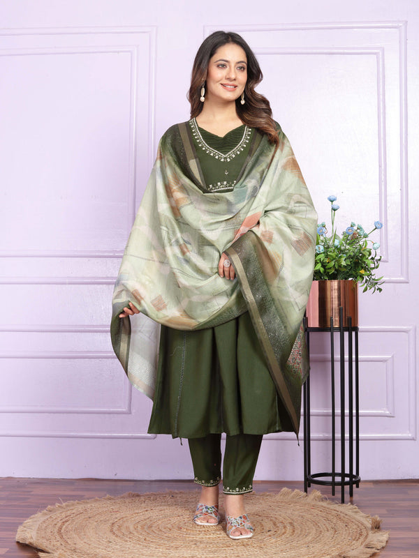 Mehendi Green Viscose Slub Pant Suit 189952