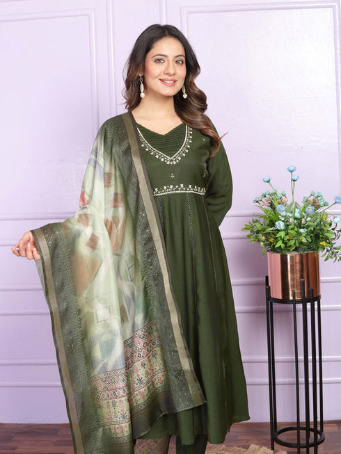 Mehendi Green Viscose Slub Pant Suit 189952 Salwar Kameez