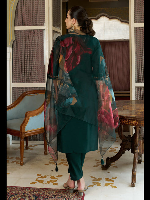Green Cotton Silk Pant Suit 190043 Back View