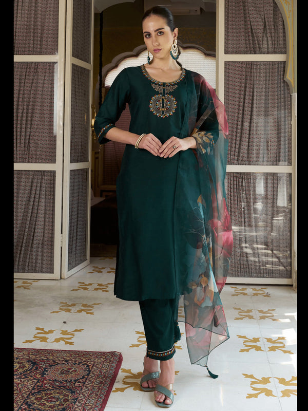Green Cotton Silk Pant Suit 190043
