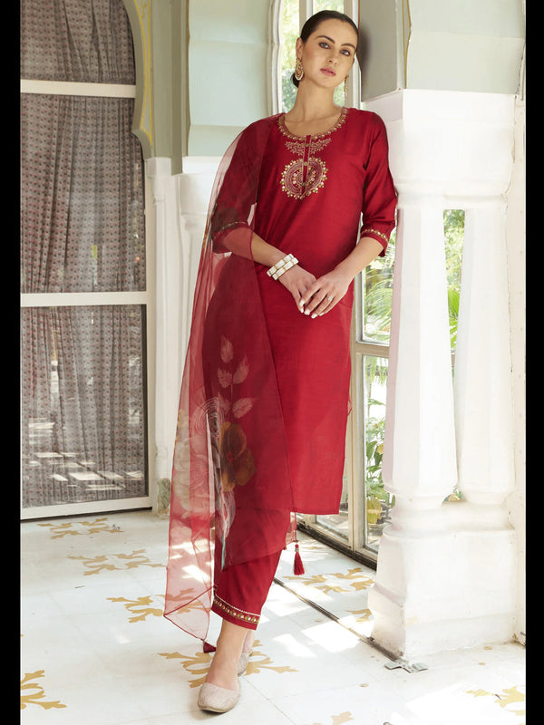 Maroon Cotton Silk Pant Suit 190044