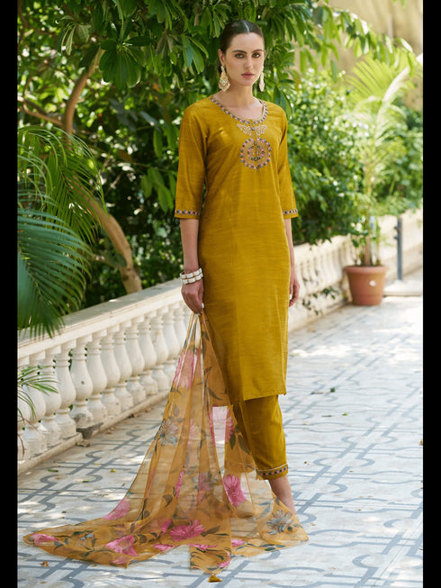 Mustard Cotton Silk Pant Suit 190045 Back View