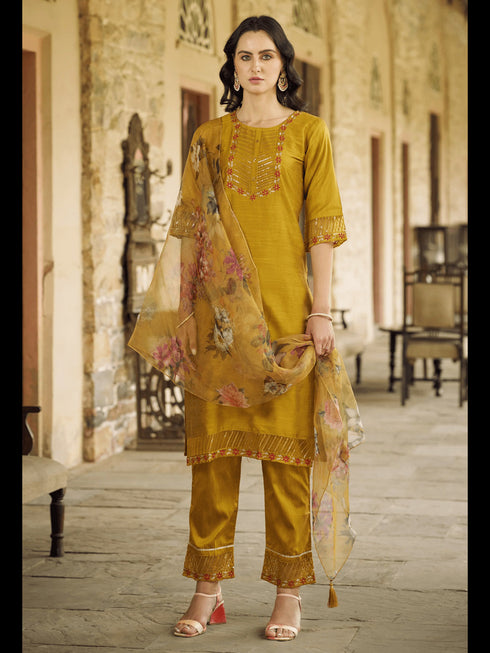 Mustard Cotton Silk Pant Suit 190047
