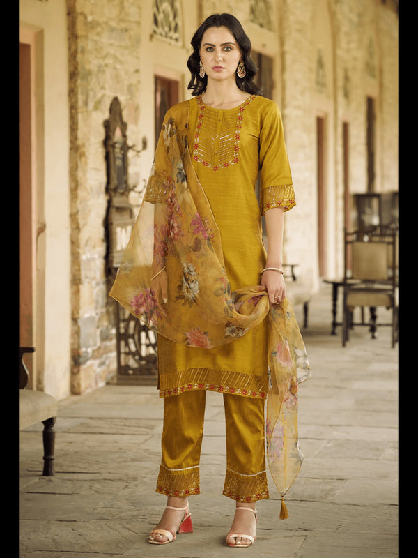 Mustard Cotton Silk Pant Suit 190047