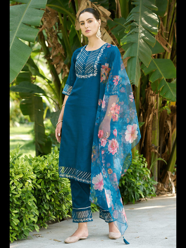 Teal Cotton Silk Pant Suit 190048