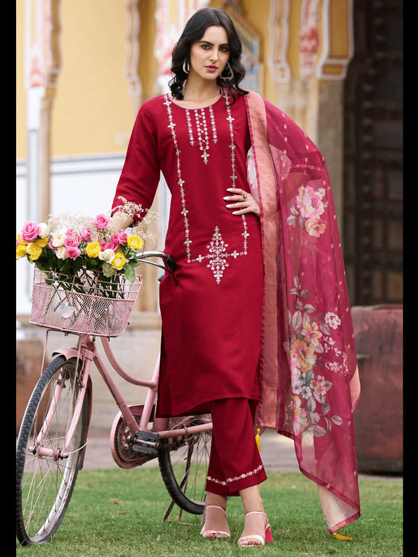 Maroon Viscos Roman Silk Pant Suit 190050