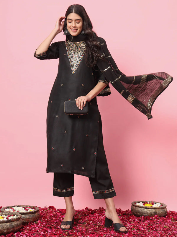 Black Cotton Blend Pant Suit 190056