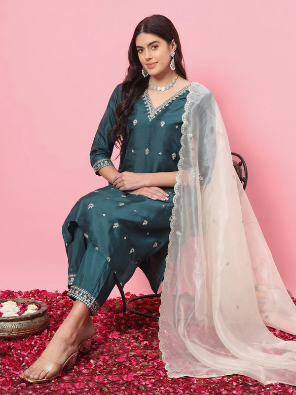 Green Silk Blend Pant Suit 190068