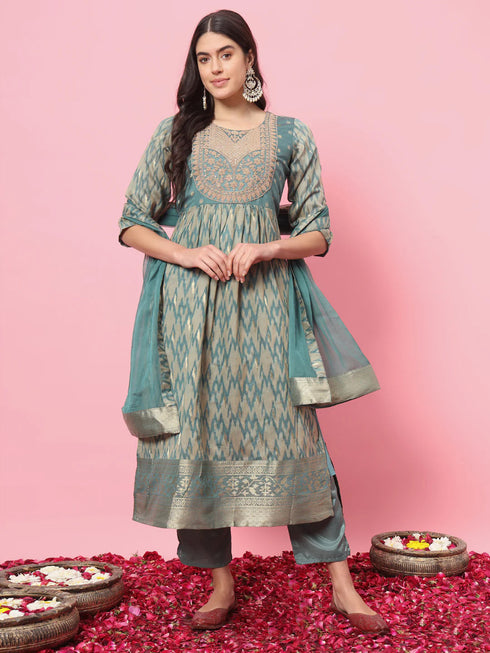 Lightblue Cotton Silk Pant Suit 190073