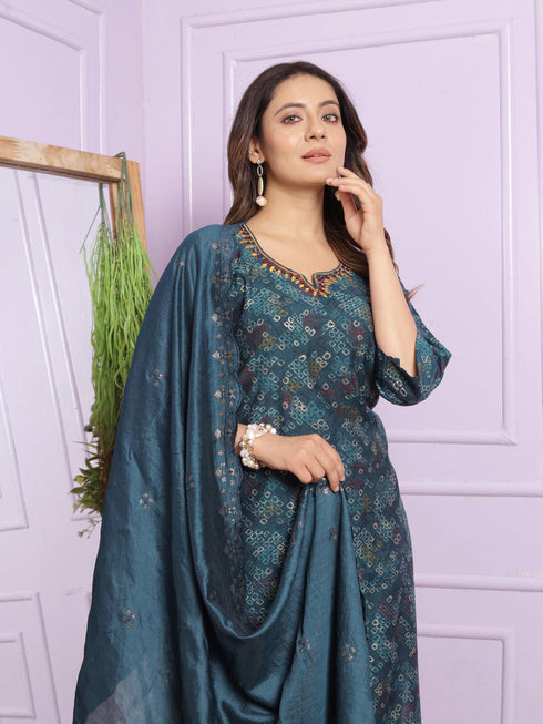 Blue Modal Silk Pant Suit 190922 Closure View