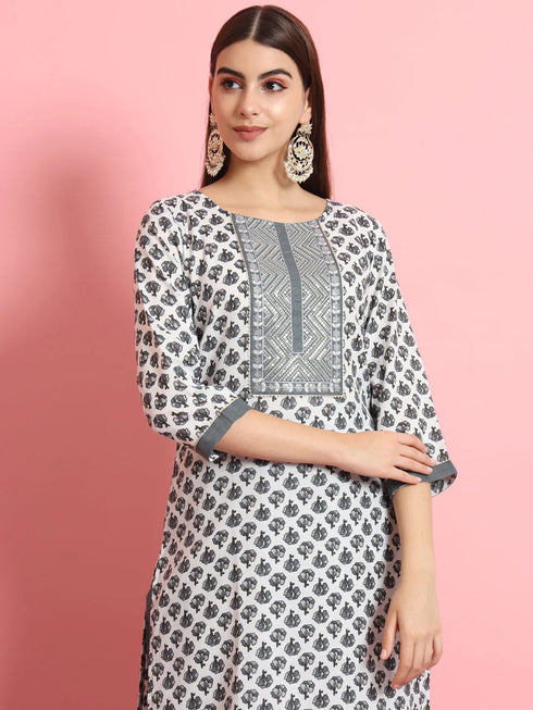 Grey Pure Cotton Print Pant Suit 190957 Back View