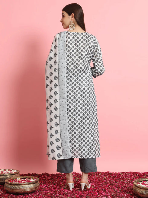 Grey Pure Cotton Print Pant Suit 190957 Salwar Kameez