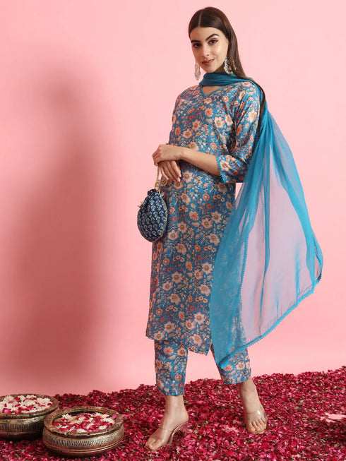 Blue Viscose Rayon Pant Suit 190966 Closure View