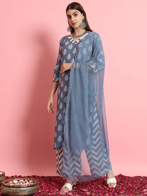 Blue Viscose Rayon Pant Suit 190968 Closure View