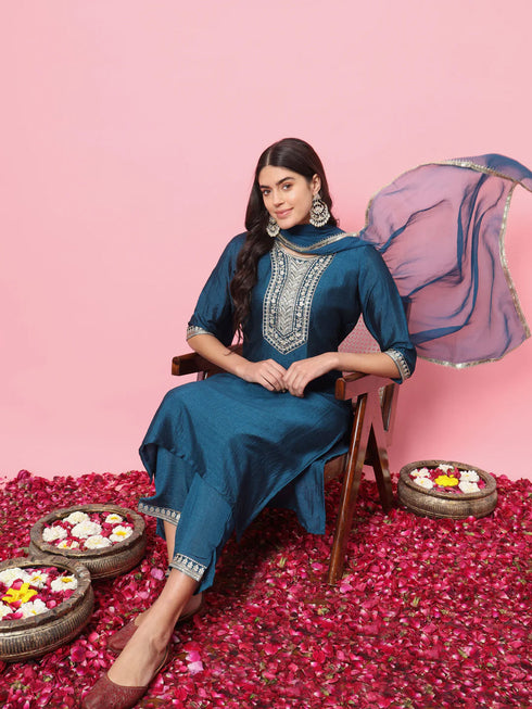 Teal Blue Silk Blend Pant Suit 190971