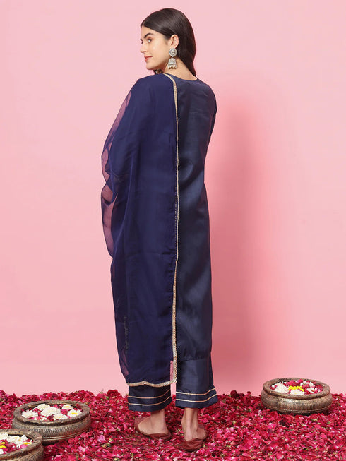 Navy Blue Silk Blend Pant Suit 190974 Closure View